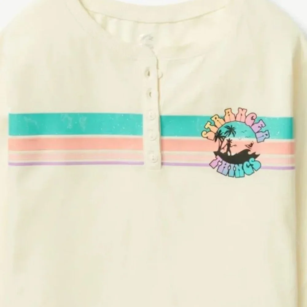 Justice STRANGER THINGS Long Sleeve Creme Henley Shirt GIRLS SIZE XS 5-6 NEW